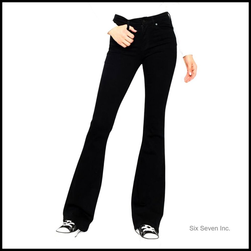Mid Rise Flare Hem Jeans Modern Long Length Denim Bottoms Women's
